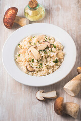 Risotto with mushrooms porcini or Boletus Edulis on wooden white rustic background. Healthy tradition nord Italian and French recipes, autumn and winter homemade cooking