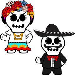 Grumpy mexican kid skull cartoon couple set illiustration in vector format