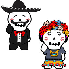 cute mexican kid skull cartoon couple set illiustration in vector format