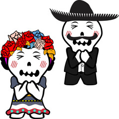 cute mexican kid skull cartoon couple set illiustration in vector format