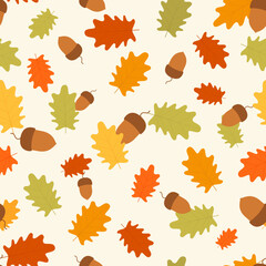 Vector autumn seamless pattern with leaves and acorns