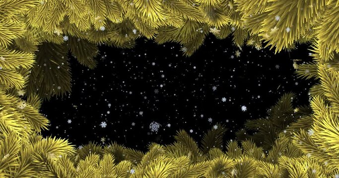 Animation of gold and white snowflakes falling over night sky with christmas tree border