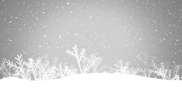 Animation of white christmas snow falling over plants in winter landscape with grey sky