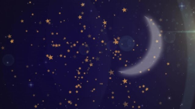 Animation of gold christmas stars floating over crescent moon in night sky