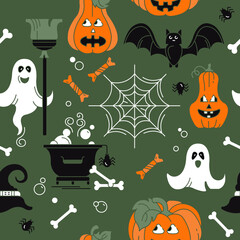 Seamless Halloween holiday pattern. Vector, line illustration. Coloring book. Pumpkin, web, ghost, bat, broom.
