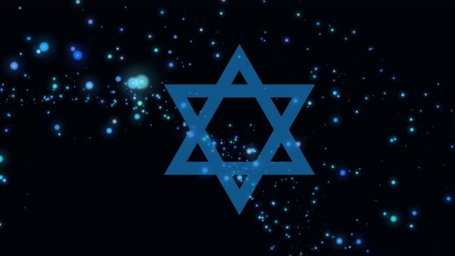 Animation of blue star of david with glowing lights at rosh hashanah on black background