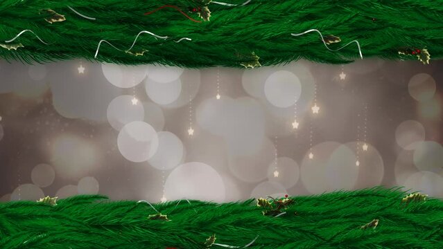 Animation of glowing stars falling over white light spots, with christmas tree borders