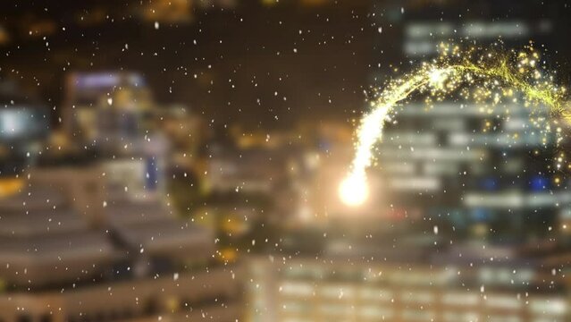 Animation of christmas shooting stars and snow falling over city at night