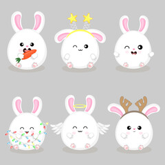 Collection Cute New Year style kawaii hare flat vector illustration