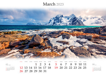 Wall calendar for 2023 year. March, B3 size. Set of calendars with amazing landscapes. Amazing spring view of Lofoten Islands, Norwegian sea. Monthly calendar ready for print.