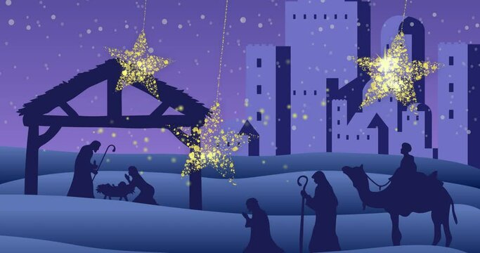Animation of gold christmas stars swinging over silhouette nativity scene and purple city