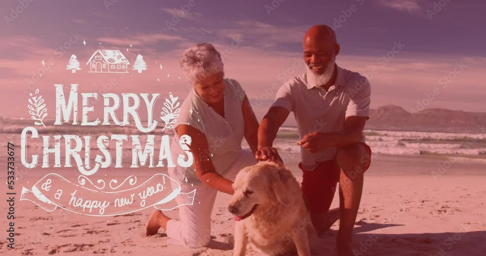 Sticker Animation of merry christmas and new year text over happy diverse senior couple with dog on beach