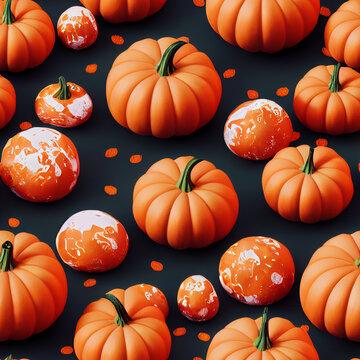A computer generated illustration of Halloween pumpkins against a black background, seamless pattern which cane be tiled to make a larger image. A.I. generated art.