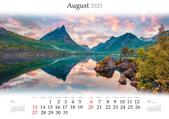 Wall calendar for 2023 year. August, B3 size. Set of calendars with amazing landscapes. Wonderful summer sunrise on Innerdalsvatna lake, Norway. Monthly calendar ready for print.