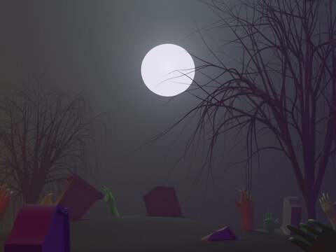3D Illustration of zombies hands and the fog in graveyard