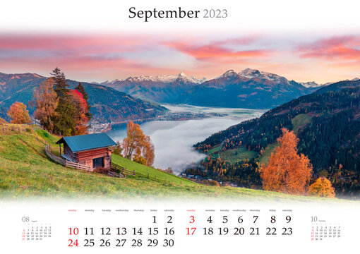 Wall calendar for 2023 year. September, B3 size. Set of calendars with amazing landscapes. Fantastic autumn sunrise on Zell lake, Austria. Monthly calendar ready for print..