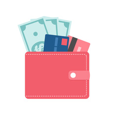 Red wallet with cash and credit cards isolated on white background. Flat vector illustration