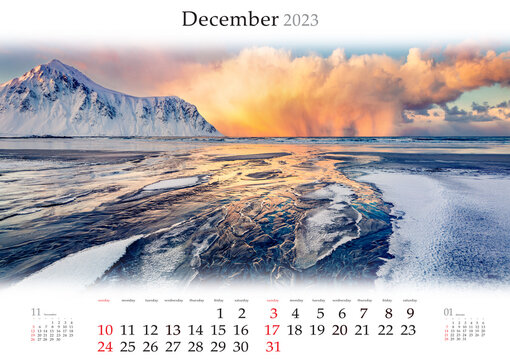 Wall Calendar For 2023 Year. December, B3 Size. Set Of Calendars With Amazing Landscapes. Unbelievable Winter View Of Lofoten Islands, Norway, Europe. Monthly Calendar Ready For Print.