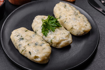 Traditional Lithuanian dish zeppelin, boiled potato dumplings stuffed with minced meat