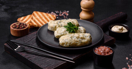Traditional Lithuanian dish zeppelin, boiled potato dumplings stuffed with minced meat
