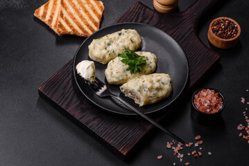 Traditional Lithuanian dish zeppelin, boiled potato dumplings stuffed with minced meat