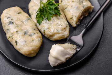 Traditional Lithuanian dish zeppelin, boiled potato dumplings stuffed with minced meat