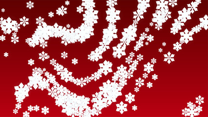 Christmas  Vector Background with Falling Snowflakes. Isolated on Red Background. Realistic Snow Sparkle Pattern. Snowfall Overlay Print. Winter Sky. Papercut Snowflakes.