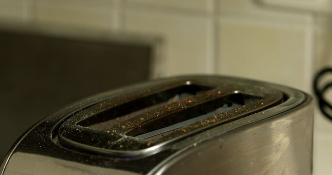 Roasted bread in silver toaster. two delicious and toaster toasts. the process of frying toasts.