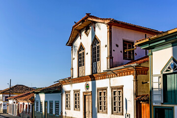 Facades of colonial style streets and houses in the old and historic city of Diamantina in Minas Gerais, Brazil