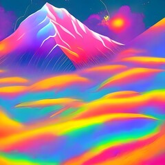 Obraz premium Mountain scenery illusion, moody and colorful digital art, space, sun, artstation painting 