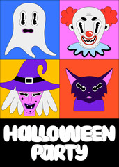 Halloween holiday. Colorful spooky fantasy characters in bright frames. Witch, creepy clown, cat, ghost. Cartoon scary portraits and lettering. Black outline. Poster, print on clothes, postcard