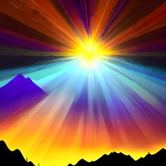 Obraz premium Mountain scenery illusion, moody and colorful digital art, space, sun, artstation painting 