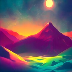 Mountain scenery illusion, moody and colorful digital art, space, sun, artstation painting 