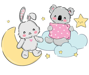 Hand drawn cute koala and rabbit on the moon Print design for baby pajamas textiles Vector illustration Childish design