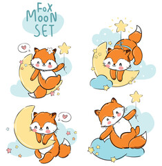 Hand drawn Set cute fox and moon Vector Illustration, Woodland animal, Print for baby pajamas textile