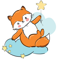 Hand drawn cute fox Vector Illustration, Woodland animal, Print for baby pajamas textile Childish design