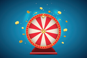 Vector illustration spinning fortune wheel with golden flying coins on blue abstract background. Realistic 3d lucky roulette.