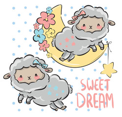 Hand drawn lamb on the moon. Print design for baby textiles. Vector illustration