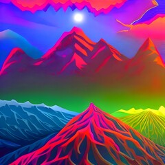 Mountain scenery illusion, moody and colorful digital art, space, sun, artstation painting 