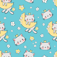 Hand drawn cute cat and moon, flowers seamless pattern vector illustration, children print design