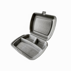 Open gray plastic container with lid for food isolated on white background. Disposable container