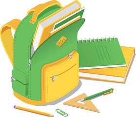 School bag with book and notebook and school supplies in isometric isolated