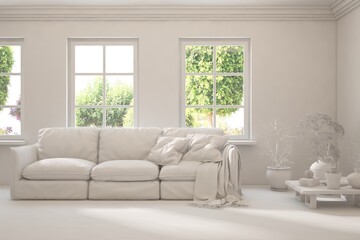 Mock up of stylish room in white color with sofa and green landscape in window. Scandinavian interior design. 3D illustration