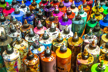 Paint containers in an art studio in Asheville, North orolina.