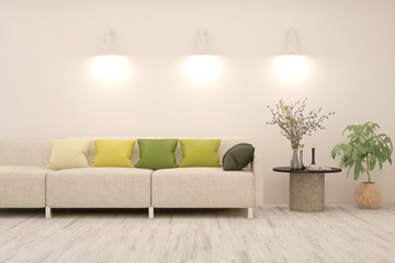 White living room with sofa. Scandinavian interior design. 3D illustration