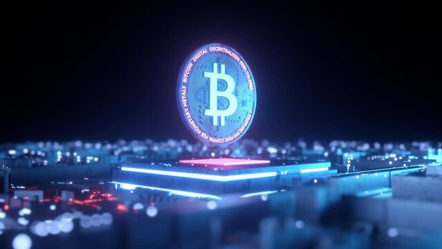 This stock motion graphics video shows a futuristic digital background with glowing data chip and bitcoin on seamless loop.