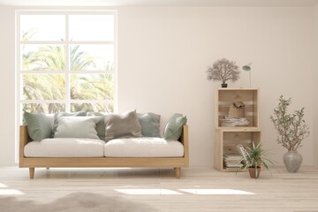 White living room with sofa and summer landscape in window. Scandinavian interior design. 3D illustration