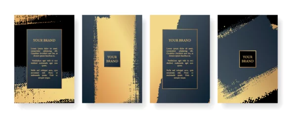 Fototapeten Modern cover design set. Creative art pattern with gold brush stroke, paint drop (spot) on blue and black background. Luxe artistic vector collection for flyer, poster, notebook, brochure template © Екатерина Савченко