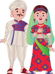 a young Indian Gujrati married couple dressed in ethnic Indian dress and smiling