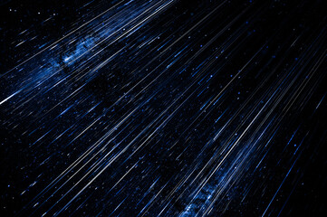 Computer generated abstract illustration Meteor rain with falling glowing comets, Meteor shower among the stars. dark space and blue lights. cosmos starry night sky.
